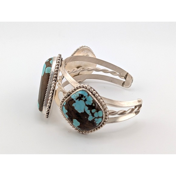 Natural Number 8 Turquoise Silver Cuff Bracelet Large 3 Stone Southwest Jewelry* - Picture 6 of 9